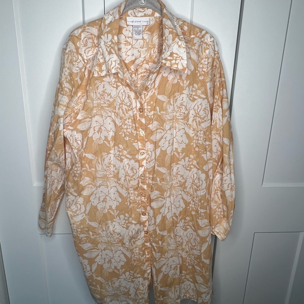 Susan Graver Style Floral Cotton Button Down Tunic Blouse Plus 1X